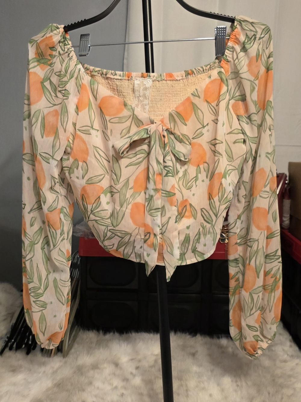 Sadie & Sage Cream Blouse with Orange & Green Floral Print and Front Tie